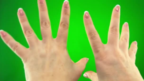 Woman French Manicure Chroma Key Makes Movement Conjuring She Waves — Stock Video