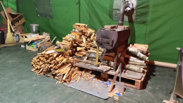 Places Warm Rest Point Steadfastness Firewood Stands Stove Lot Green — Stock Video