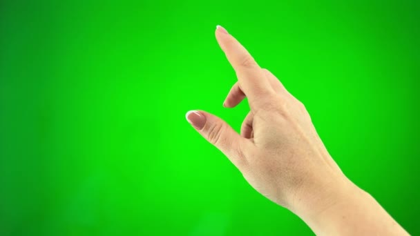 Vinger Flipping Groene Vrouwelijke Hand Aanraken Gebaren Groen Scherm Prores — Stockvideo