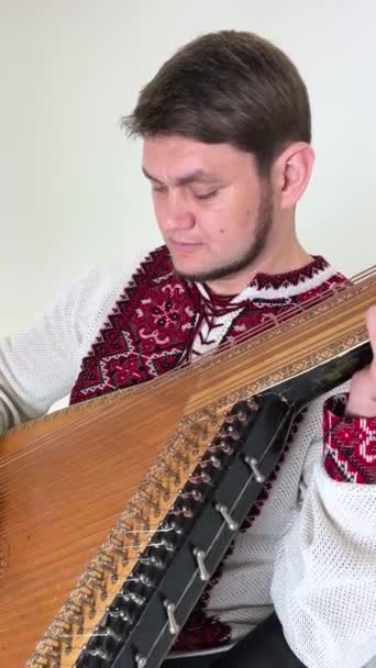 Handsome Man Years Old Hands Musical Instrument Kobzone Vertical Video — Vídeo de Stock