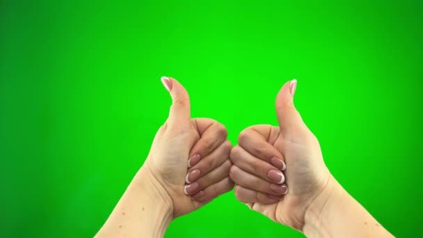 Female Hands French Manicure Green Screen Approving Thumbs Both Hands — Stock Video