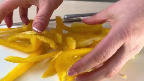 Slow Motion Close Woman Making Healthy Food Chopping Bell Pepper — Stockvideo
