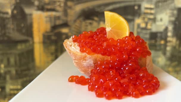 White Porcelain Board Lies Bunch Red Caviar Seeds Glisten Them — Stock video