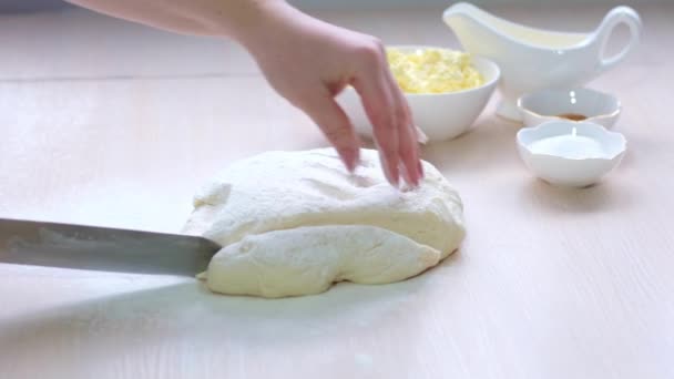 Cut Large Knife Chunk Yeast Dough Baking Home Female Hands — Αρχείο Βίντεο