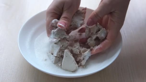 Woman Hands Crushing Fresh Yeast Sugar Delicious Homemade Yeast Dough — Stockvideo