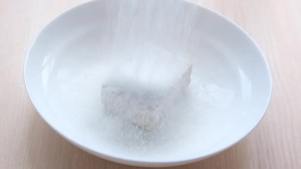 Pour Sugar Slowly Fresh Yeast White Plate Add Dry Ingredients — Stock Video