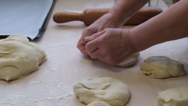 Adult Woman Hard Working Hands Kneads Dough She Throws Table — Stock videók
