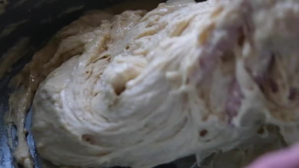 Woman Kneading Dough Hand Yeast Dough Liquid Process Kneading Hand — Stock Video