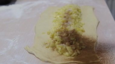 apple pie the hostess on the Light Table rolled out yeast dough put sugar on top of the apples cut into small pieces and sprinkles abundantly with cinnamon slow motion cinnamon falls