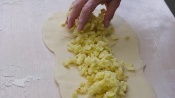 Grandmother Prepares Pies Grandchildren Close Seen Swaying Table Yeast Dough — Stok video