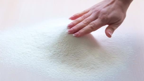 Pile White Wheat Flour Poured Light Table Womans Hand French — Vídeo de Stock