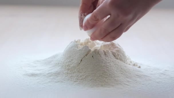 Female Hands Close Break White Chicken Egg Pour Yolk Protein — Video Stock