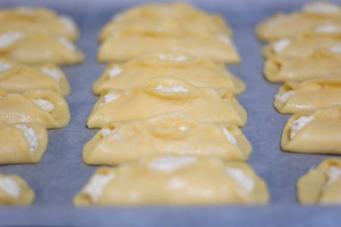cottage cheese dough Patties with cottage cheese Thin pancakes with filling. Maslenitsa cottage cheese filling cottage cheese eggs sugar yeast dough rises on a baking sheet homemade baking