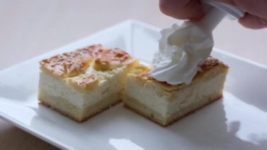 delicious cottage cheese dessert with whipped cream space on top for your restaurant advertisement photo for cheesecake menu cottage cheese casserole dessert from cottage cheese backlight delicious