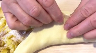 hands of an adult woman mold an apple pie from yeast dough a woman glues pieces of dough pouring apples inside for sugar cinnamon finely chopped fruits grandmother prepares pastries for grandchildren