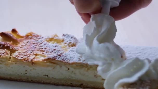 Slow Motion Full 240Fps Cream Poured Cheesecake Cottage Cheese Casserole — Vídeo de Stock