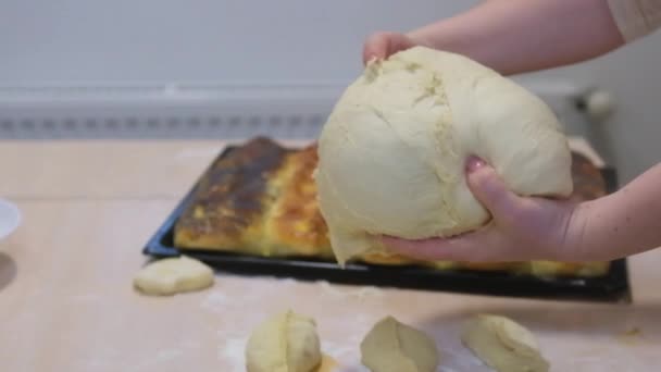 Female Hands Air Very Tightly Compress Yeast Dough Sticky Video — Vídeo de stock