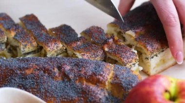 apple strudel sprinkled with poppy seeds with large knife female hands close-up cut into pieces of delicious fragrant appetizing dessert red apple space for text background for advertising cooking