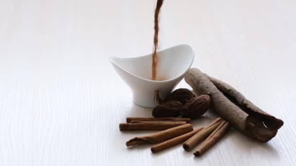 Cinnamon Nutmeg Cinnamon Sticks Aromatic Spices Wooden Cutting Board White — Wideo stockowe