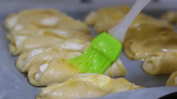 Raw Dough Freshly Made Pies Cottage Cheese Baking Sheet Green — Vídeos de Stock