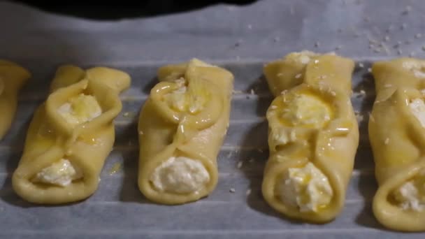 Cakes Baking Sheet Sprinkled Sesame Seeds Slow Motion Cooking Delicious — Stock videók