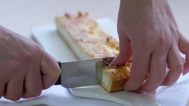 Close Female Hands Cutting Cottage Cheese Strudel Cheese Casserole Cheesecake — Vídeo de stock