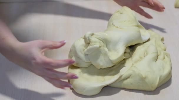 Female Hands Kneading Dough Close Yeast Dough Soft Stretched Shape — Stock video