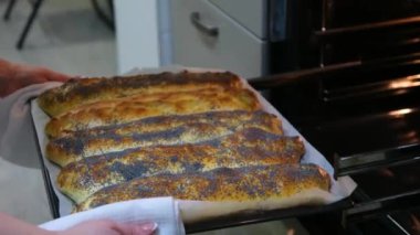 homemade pie is prepared and baked in special baking dish in an electric oven in kitchen. View of the finished hot cake with the oven door open. Delicious apple dessert dough sprinkled with poppy