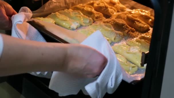 Put Oven Freshly Baked Yeast Dough Woman White Towels Closes — Stockvideo