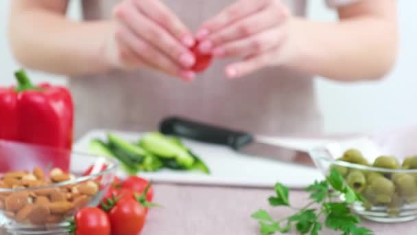 Beautiful Young Woman Preparing Vegetable Salad Kitchen Healthy Food Vegan — Stok video