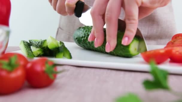 Close Beautiful Female Young Hands Cut Cucumber Big Knife White — Stock Video