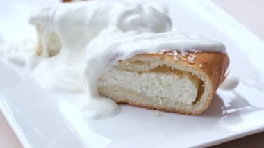 on white plate delicious cottage cheese dessert with sour cream white square plate useful sesame calcium diet healthy food yes homemade cakes