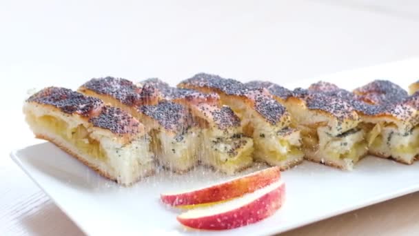White Plate Strudel Apples Poppy Seeds Two Slices Red Apple — Stockvideo