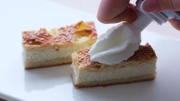 White Plate Two Slices Cottage Cheese Casserole Babka Cheesecake Dessert — Vídeo de stock