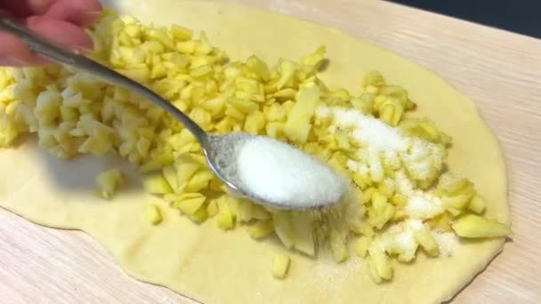 Person Sprinkles Apples Spoon Now Bake Apple Strudel Sugar Poured — Vídeos de Stock