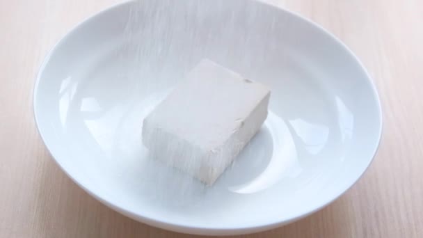 Store Bought Yeast Square White Plate Sprinkled Sugar Small Grains — Stock videók