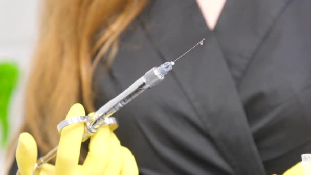 Woman Holding Medical Injection Syringe Her Outstretched Hand Camera Selective — Wideo stockowe