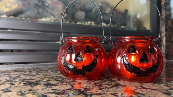 Two Bright Orange Candlesticks Form Pumpkins Jack Lantern Glass Lantern — Stock Video