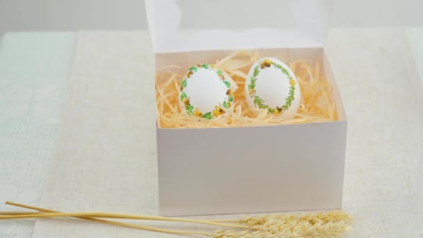 White Box Gift Eggs Holiday Easter Embroidery Eggshell Place Text — Stok video
