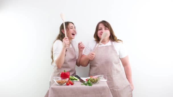Women Playing Fooling Kitchen Fighting Wooden Spoons Mother Accidentally Hits — Stockvideo