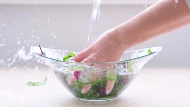 Super Slow Motion Shot Flying Cuts Colorful Vegetables Water Drops — ストック動画