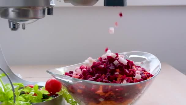新鮮な野菜ベジタリアン食品健康食品プロセッサダイシングビートと玉ねぎはガラス板の中にスローモーションキューブ落下テキスト広告料理ボルシチのための明るいスペース — ストック動画