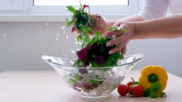 Super Slow Motion Shot Flying Cuts Colorful Vegetables Water Drops — Vídeo de stock