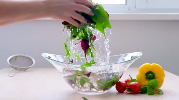 Super Slow Motion Shot Flying Cuts Colorful Vegetables Water Drops — Stock videók