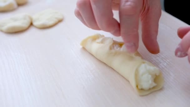 Delicate Thin Live Yeast Dough Female Hands Glue Ends Dough — Stock Video
