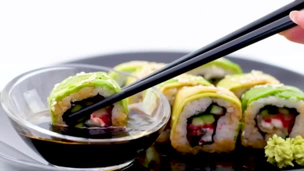 Menu Green Dragon Japanese Rolls Avocado Omelet Sesame Cucumber Closeup — Stock video
