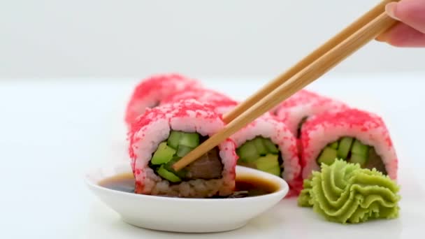 California Maki Sushi Masago Roll Made Crab Meat Avocado Cucumber — Stock video