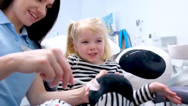 Tandläkare Visar Barn Hur Man Borstar Tänderna Leksak Zebra Flicka — Stockvideo