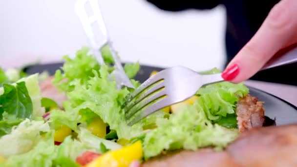Girl Eats Vegetable Salad Fork White Plate Close Shot High — Wideo stockowe