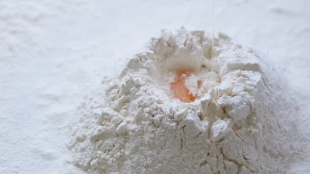 Slow Motion Eggs Fall Heap Flour Scatters All Directions Three — Stock video
